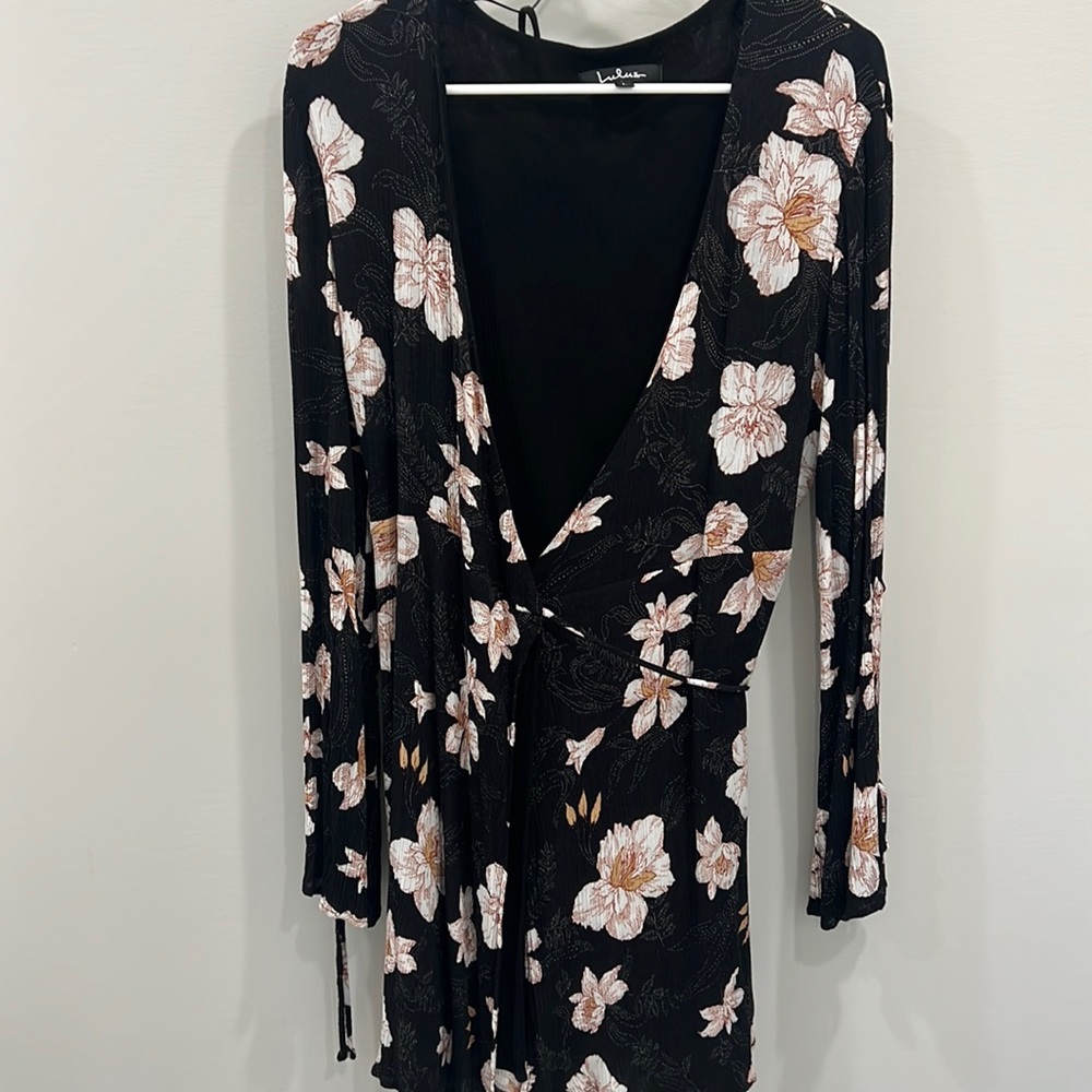 Black floral long sleeved wrap dress